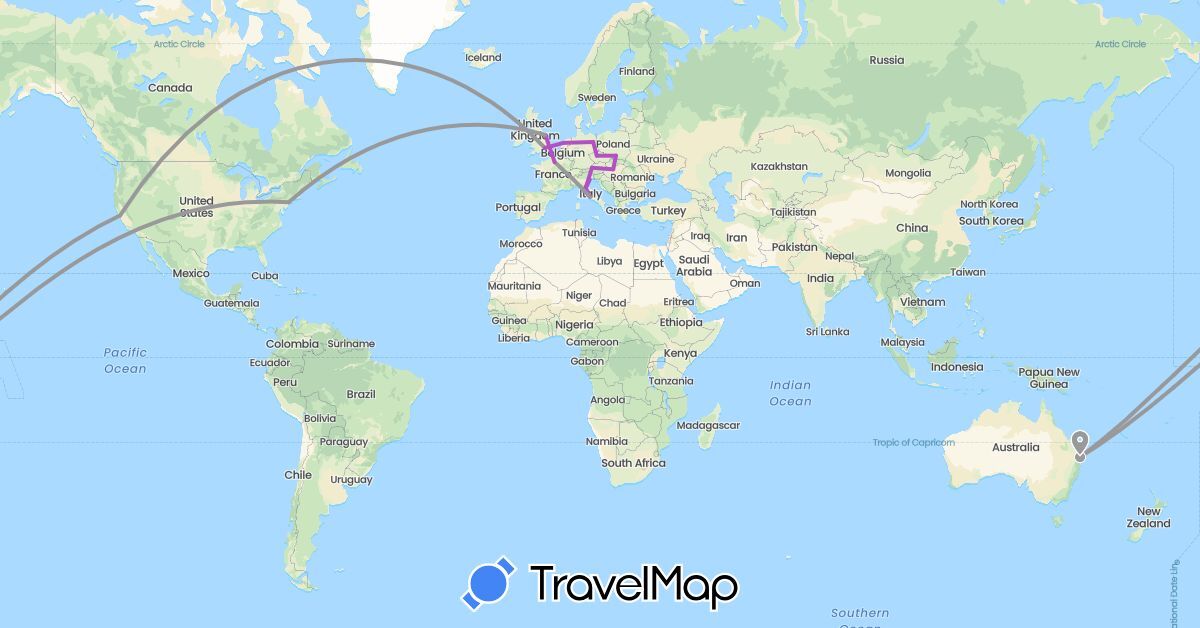 TravelMap itinerary: driving, plane, train in Austria, Australia, Czech Republic, Germany, France, United Kingdom, Hungary, Italy, Netherlands, Poland, United States (Europe, North America, Oceania)